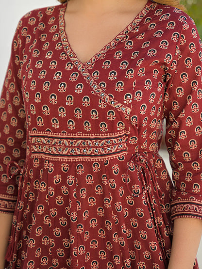 Maroon V-Neck Anarkali Floral Cotton Kurta Pant Set With Dupatta