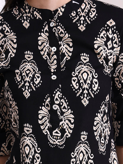 Black Rayon Rollup Sleeves Straight Kurta