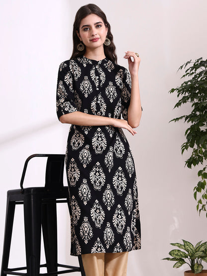 Black Rayon Rollup Sleeves Straight Kurta