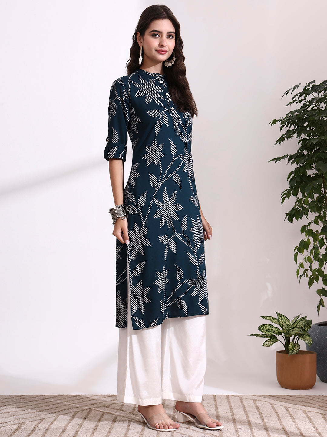 Blue Rayon Rollup Sleeves Floral Straight Kurta
