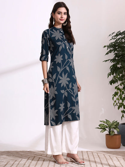 Blue Rayon Rollup Sleeves Floral Straight Kurta
