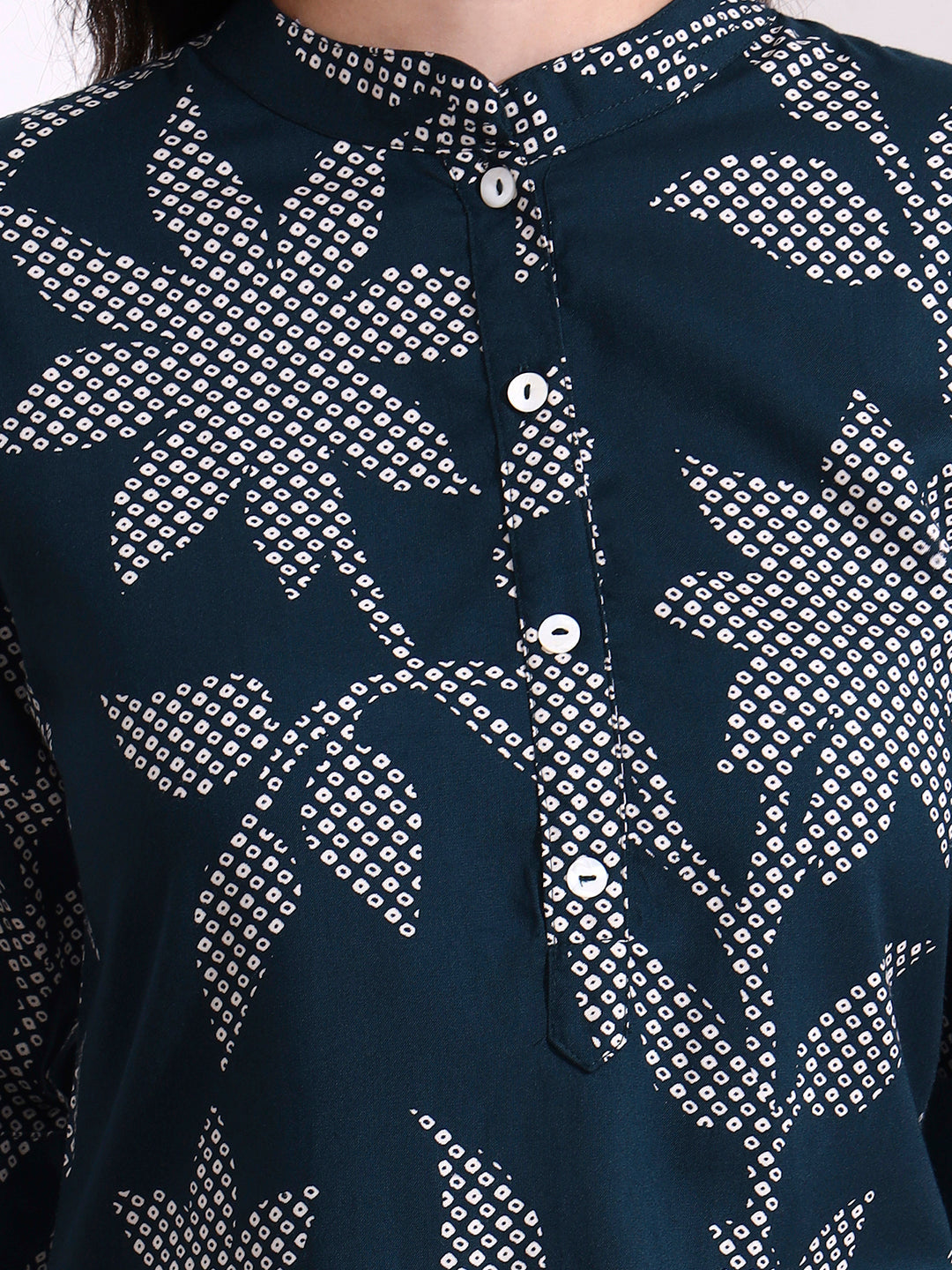 Blue Rayon Rollup Sleeves Floral Straight Kurta