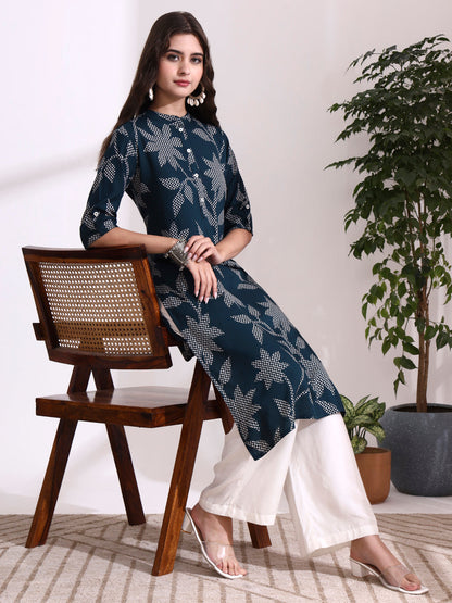 Blue Rayon Rollup Sleeves Floral Straight Kurta