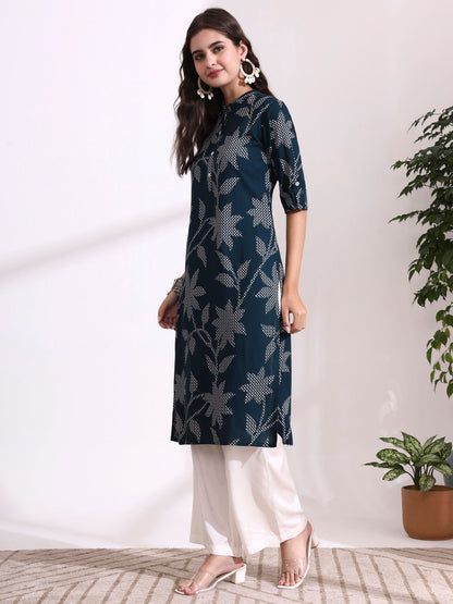 Blue Rayon Rollup Sleeves Floral Straight Kurta