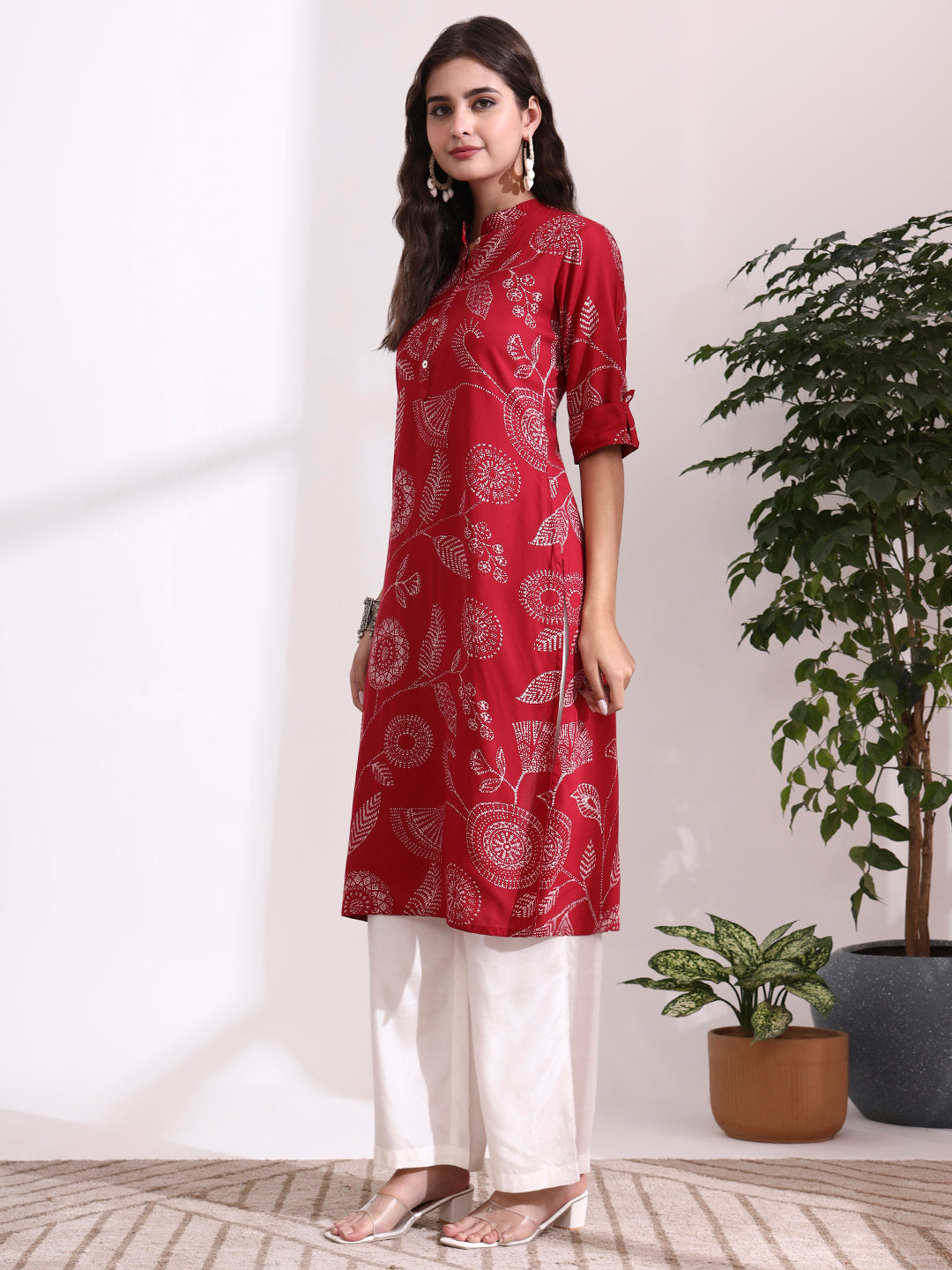 Red Rayon Rollup Sleeves Straight Kurta