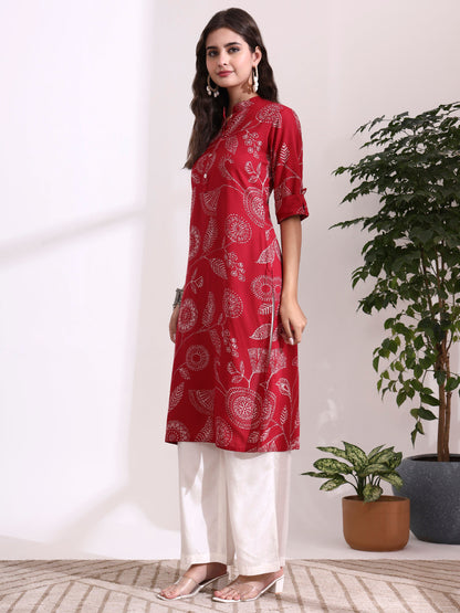 Red Rayon Rollup Sleeves Straight Kurta