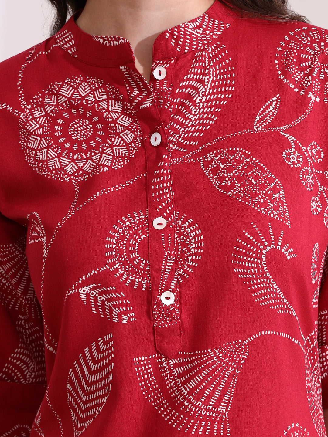 Red Rayon Rollup Sleeves Straight Kurta
