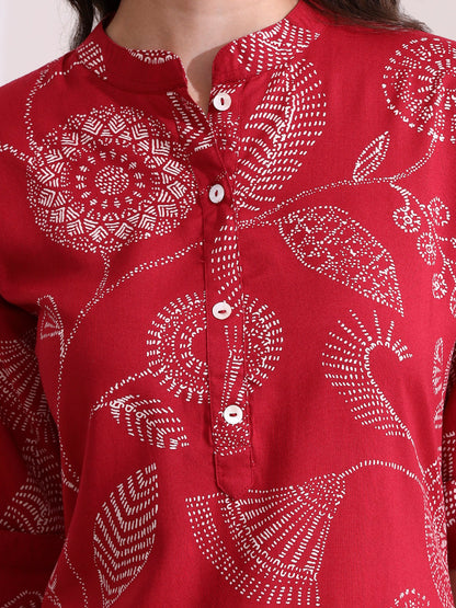 Red Rayon Rollup Sleeves Straight Kurta