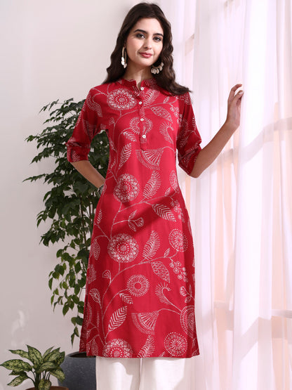 Red Rayon Rollup Sleeves Straight Kurta