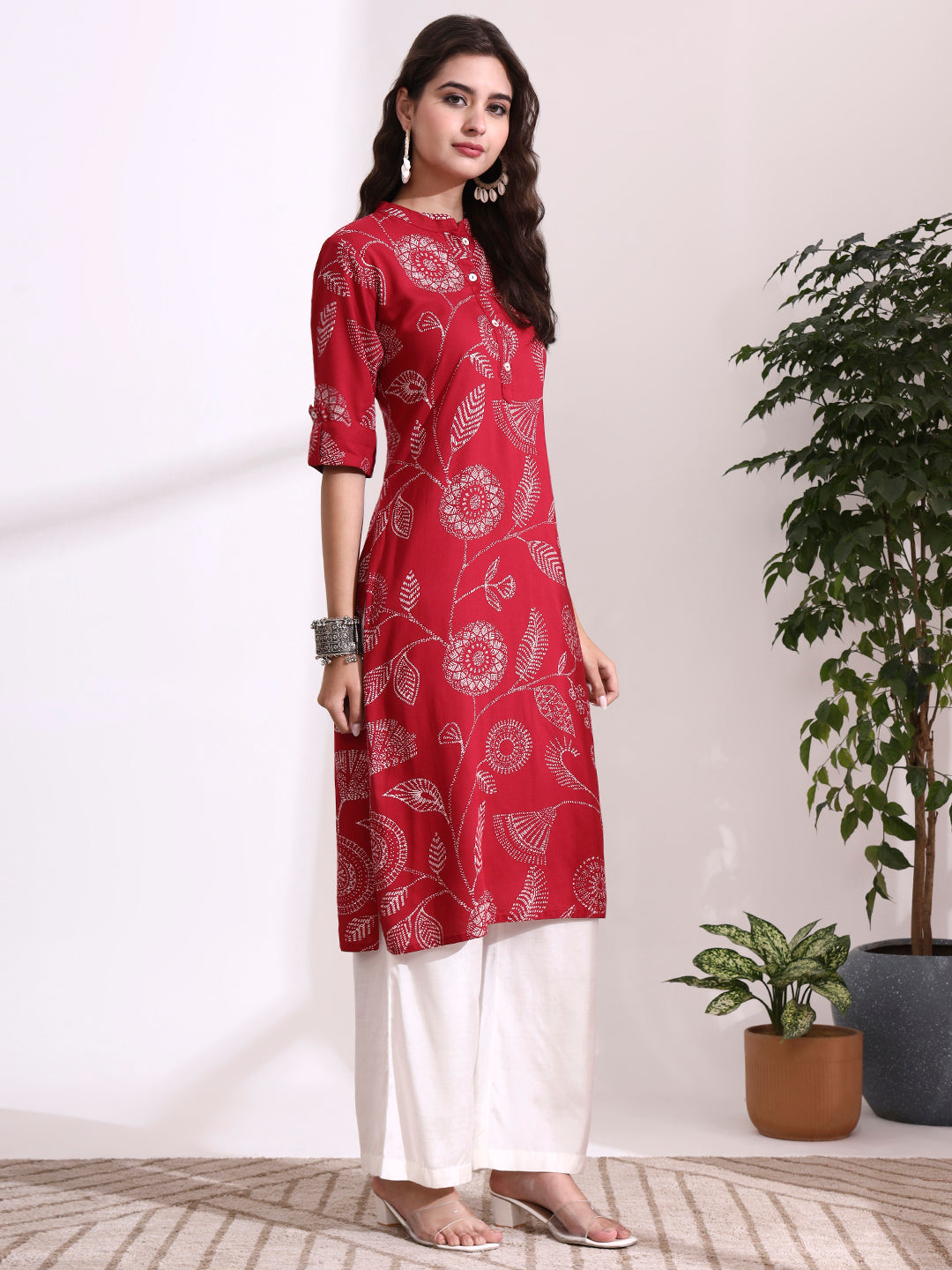 Red Rayon Rollup Sleeves Straight Kurta