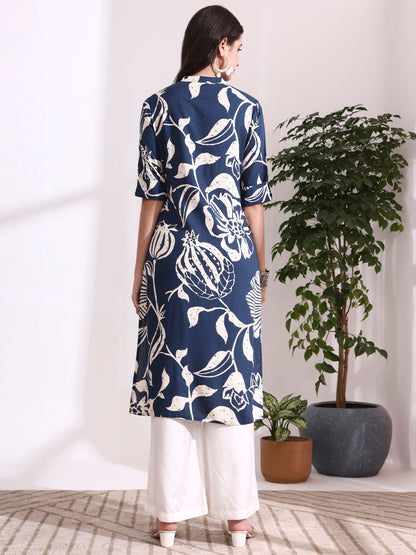Blue Rayon Rollup Sleeves Straight Kurta