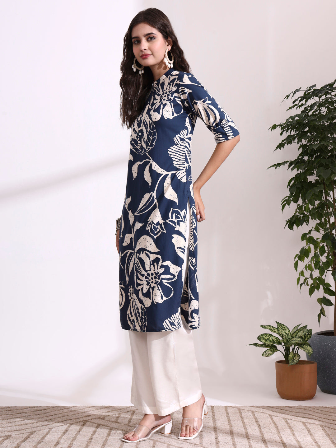 Blue Rayon Rollup Sleeves Straight Kurta