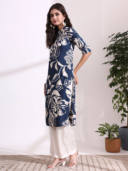 Blue Rayon Rollup Sleeves Straight Kurta