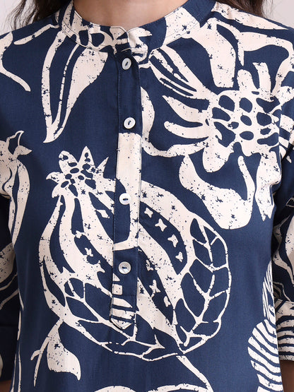 Blue Rayon Rollup Sleeves Straight Kurta