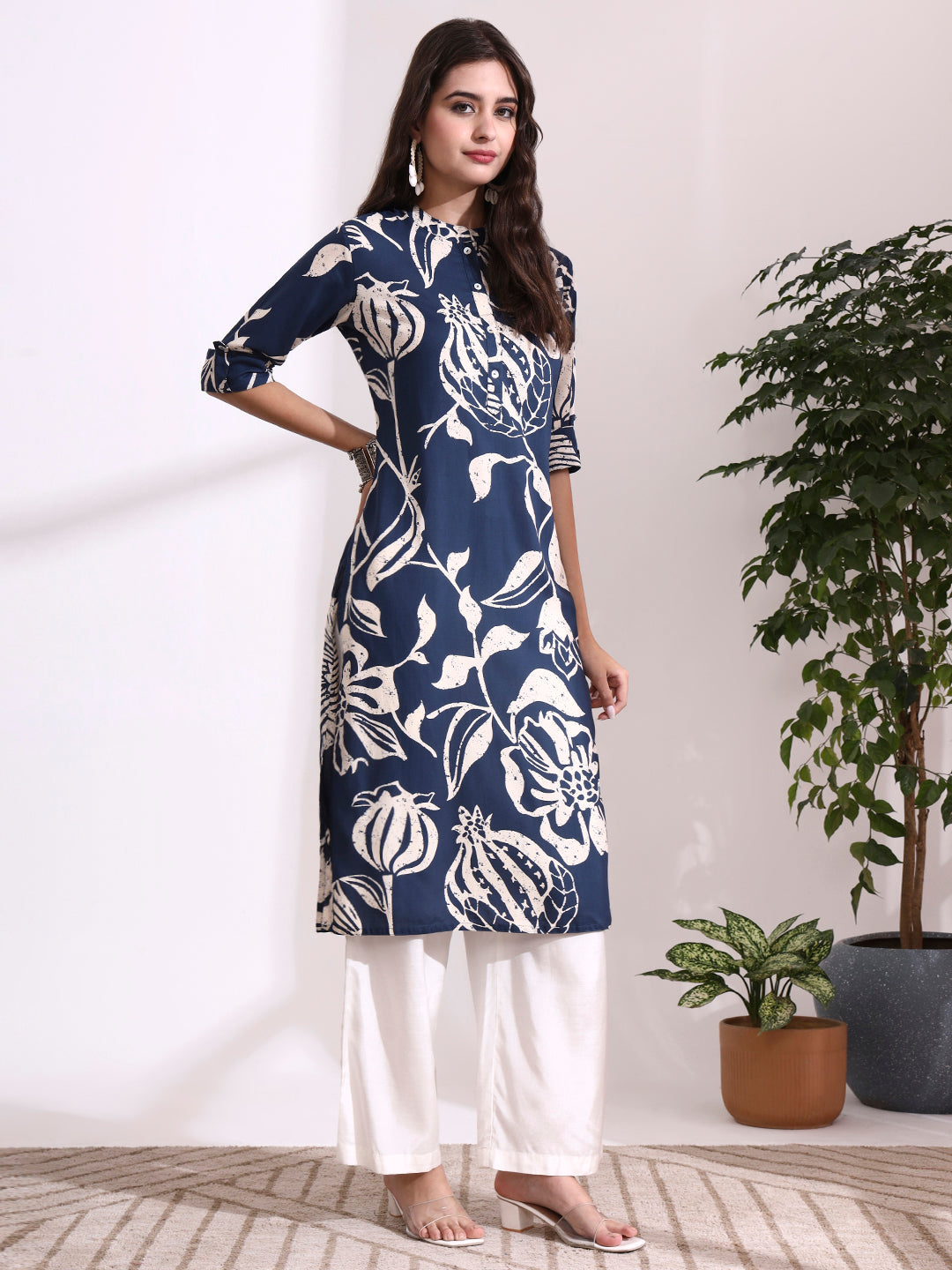 Blue Rayon Rollup Sleeves Straight Kurta