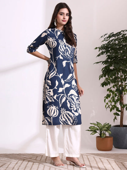 Blue Rayon Rollup Sleeves Straight Kurta
