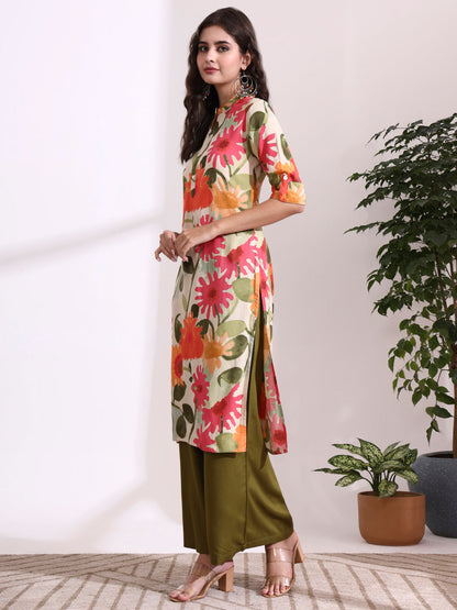 Cream Rayon Rollup Sleeves Straight Kurta