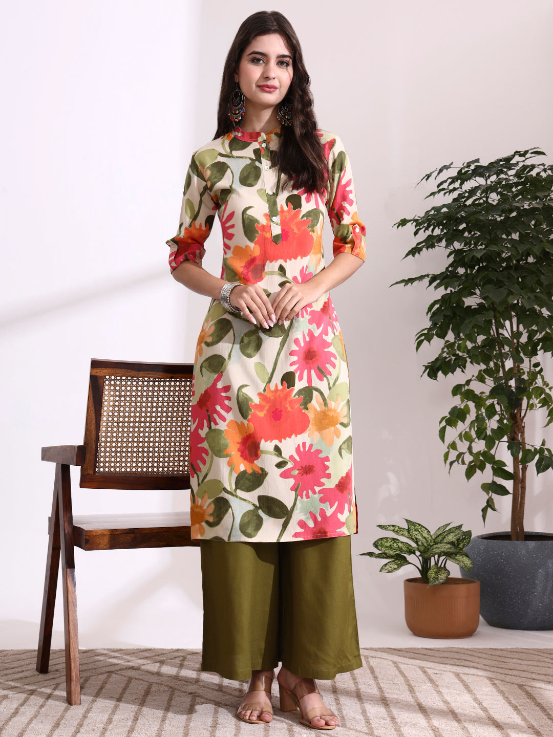 Cream Rayon Rollup Sleeves Straight Kurta