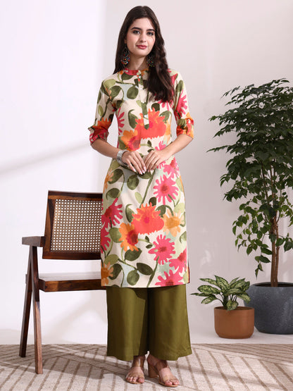 Cream Rayon Rollup Sleeves Straight Kurta