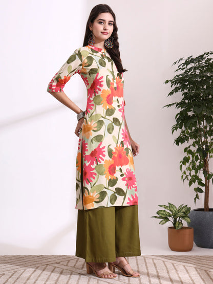 Cream Rayon Rollup Sleeves Straight Kurta