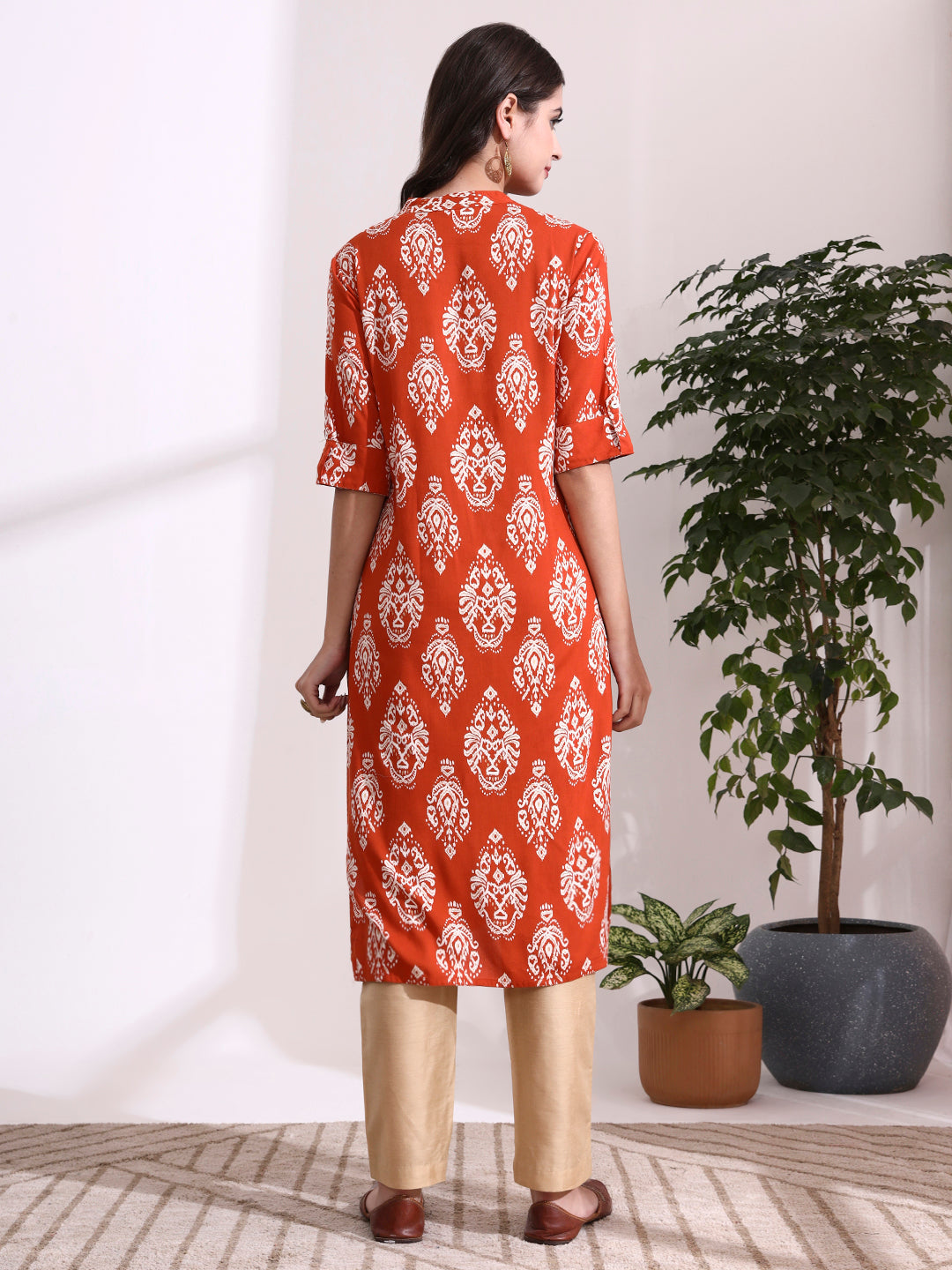 Orange Rayon Rollup Sleeves Straight Kurta