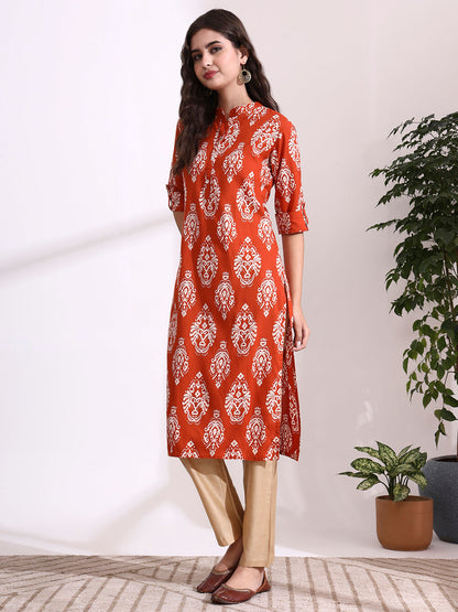 Orange Rayon Rollup Sleeves Straight Kurta