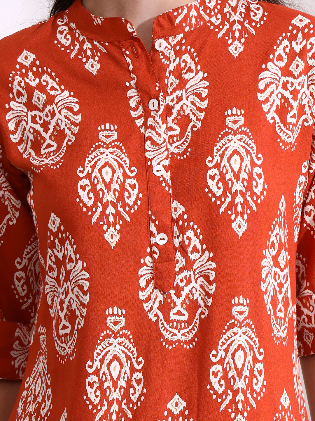 Orange Rayon Rollup Sleeves Straight Kurta