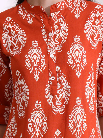 Orange Rayon Rollup Sleeves Straight Kurta