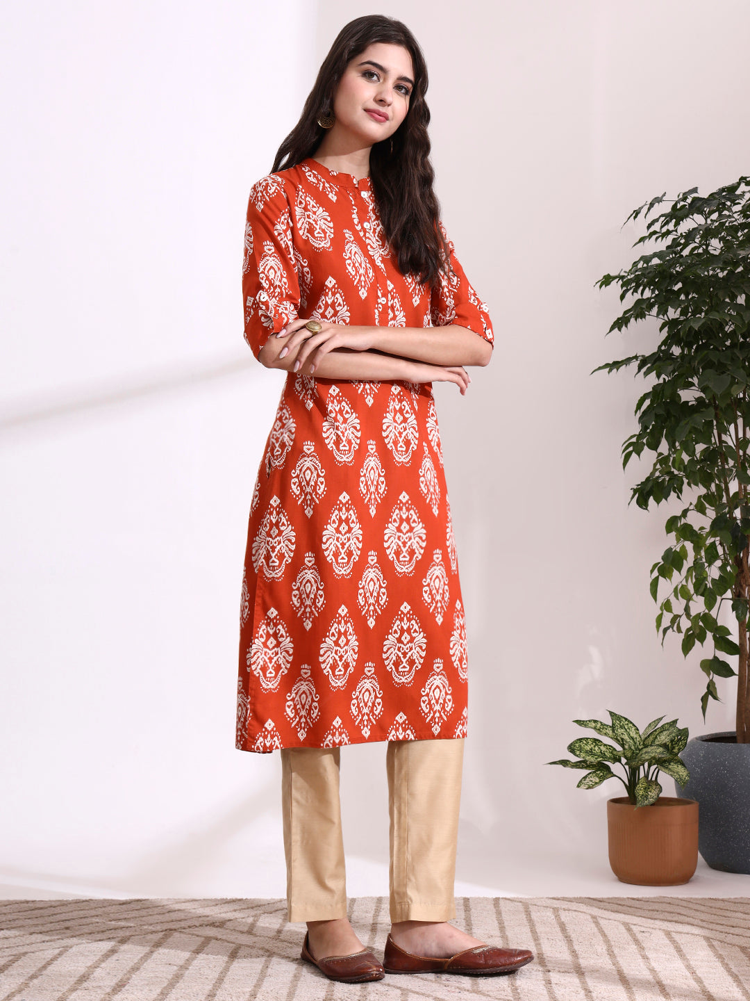 Orange Rayon Rollup Sleeves Straight Kurta