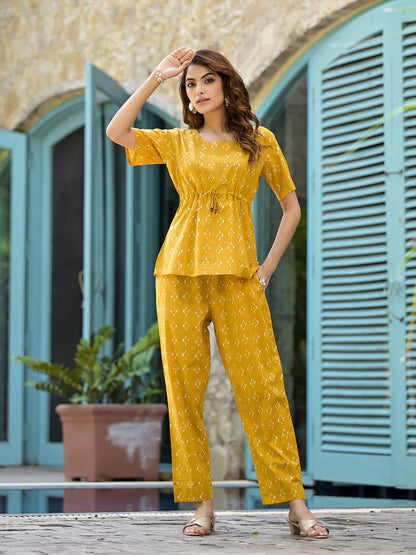 Ethnic Cotton Mustard A-line Adjustable Waist Dori Night Suit