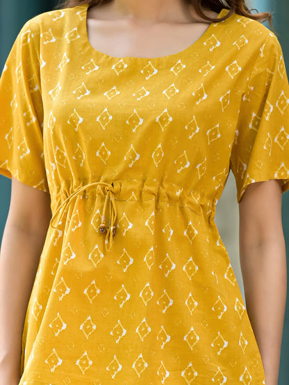 Ethnic Cotton Mustard A-line Adjustable Waist Dori Night Suit