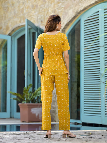 Ethnic Cotton Mustard A-line Adjustable Waist Dori Night Suit