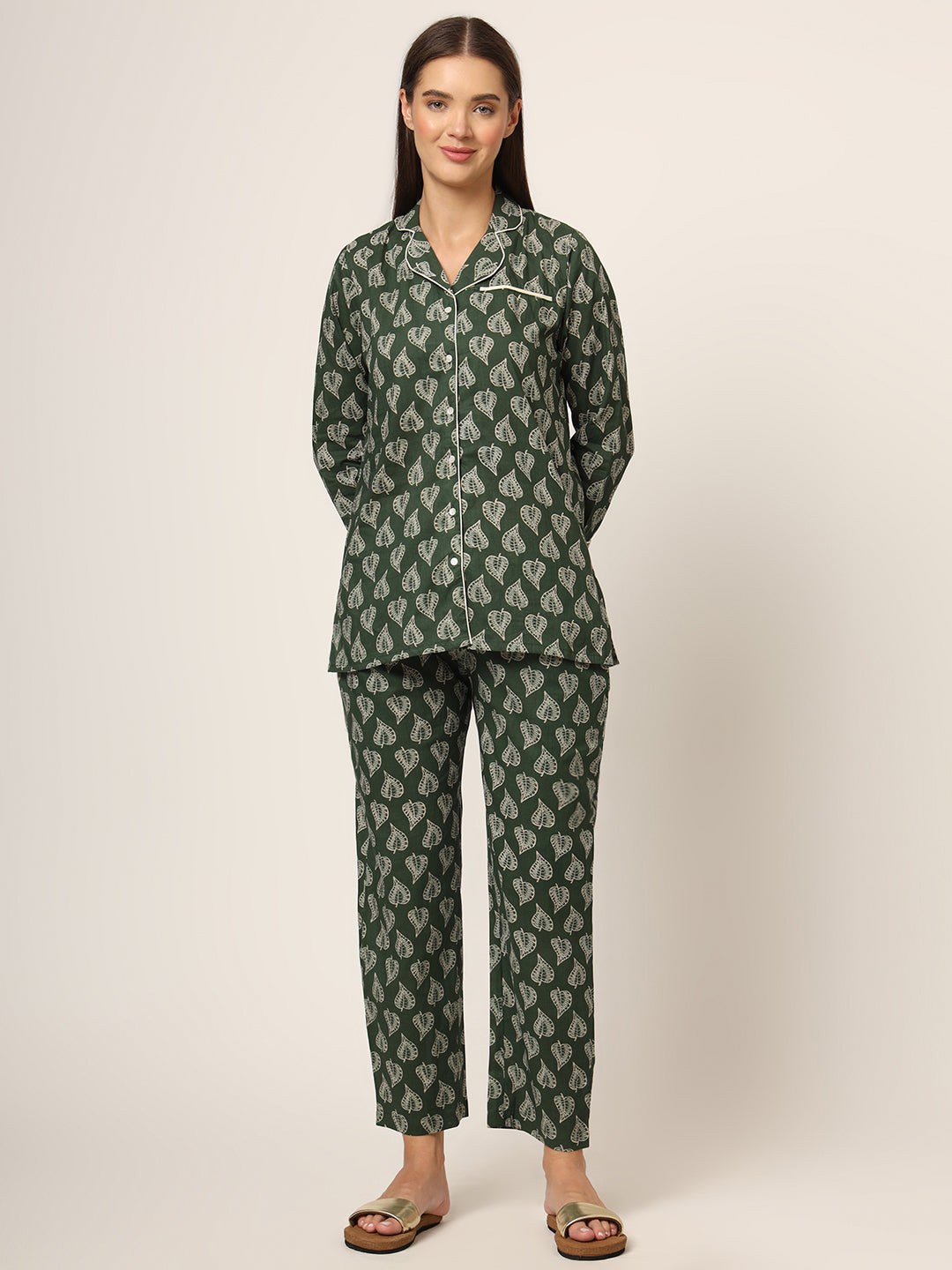 Green Floral Print Cotton Regular Fit Night Suit