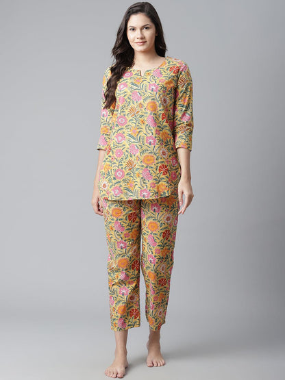 Yellow Printed Cotton Night Wear For Women