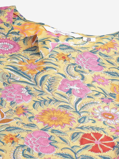 Yellow Printed Cotton Night Wear For Women