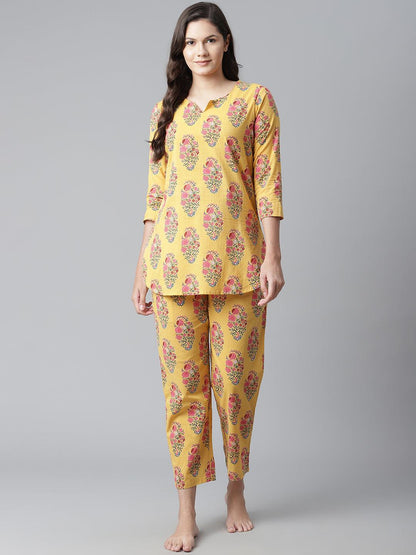 Yellow Flower Cotton Motif Nightwear For Women