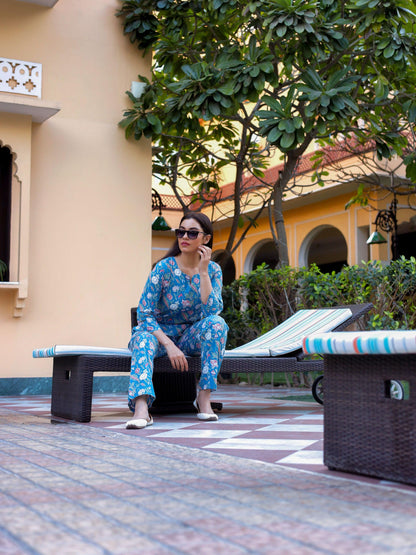 Blue Printed Cotton Night suit For Women