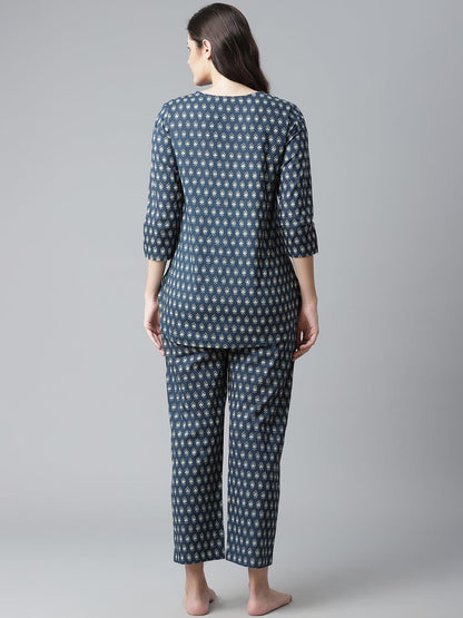 Dark Blue Buti Print Cotton Nightwear For Women