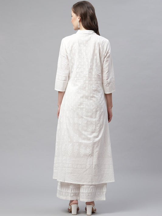 White Khari Print Cotton Kurti With Palazzo Set