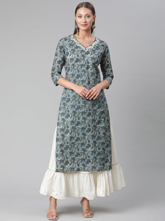 Blue Cotton Kurta With Skirt For Women