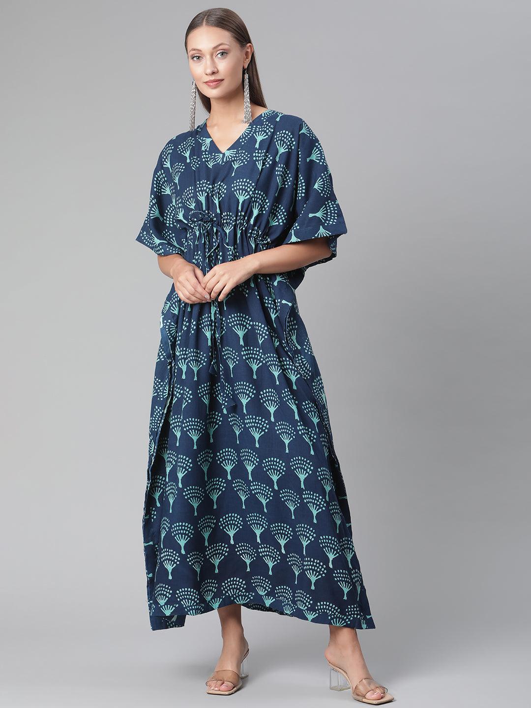 Divena Navy Blue Floral Cotton Kaftan