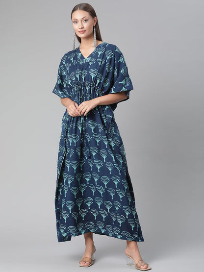 Navy Blue Floral Cotton Party Wear Kaftan