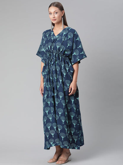 Navy Blue Floral Cotton Party Wear Kaftan