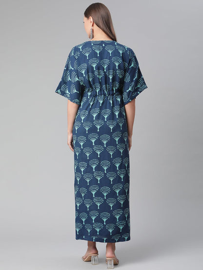 Navy Blue Floral Cotton Party Wear Kaftan