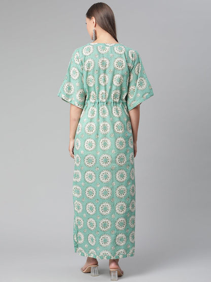 Sea Green Floral Cotton Party Waer Kaftan