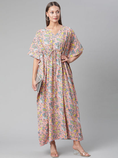 Party Wear Pink Floral Cotton Kaftan