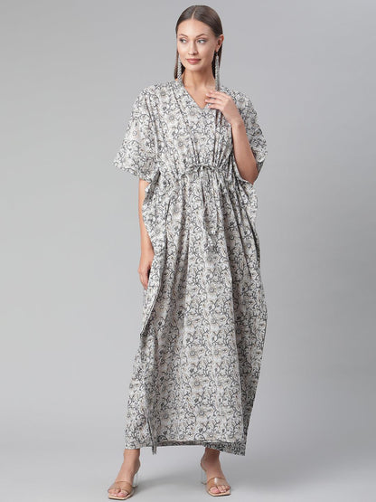 Grey Floral Cotton Party Wear Kaftan