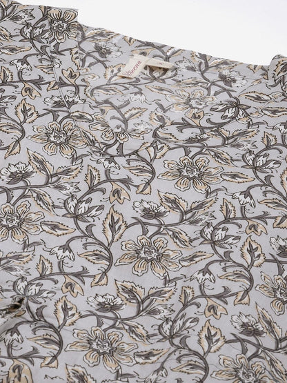 Grey Floral Cotton Party Wear Kaftan