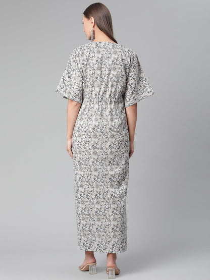 Grey Floral Cotton Party Wear Kaftan