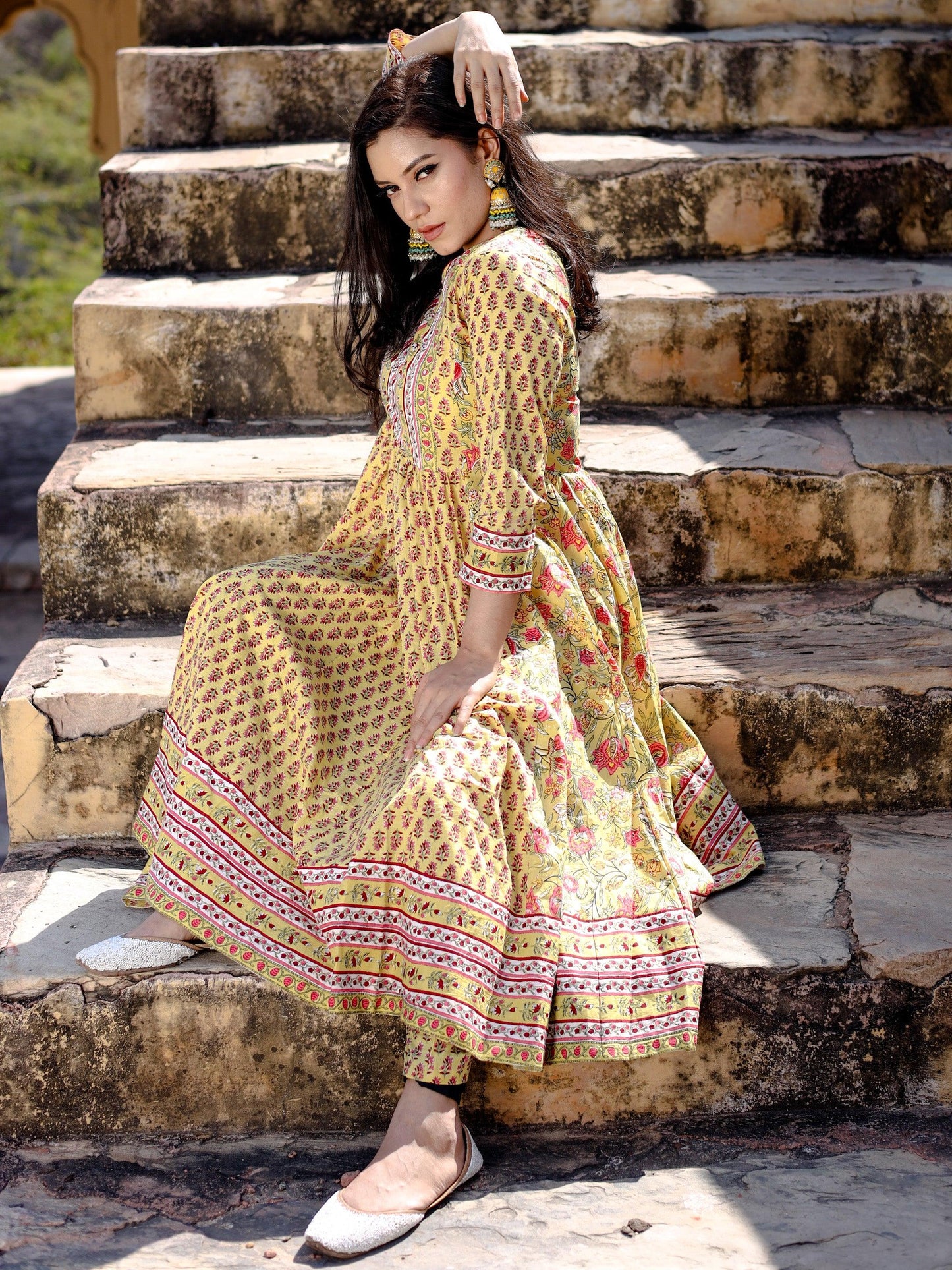 Divena Yellow Cotton Anarkali Kurta pant Set